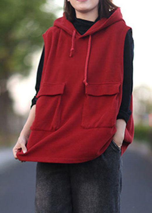 Classy Red Hooded Drawstring Pullover Sleeveless Waistcoat
