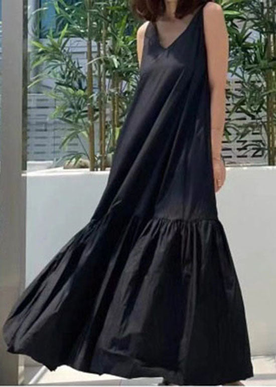 Black V Neck Patchwork Wrinkled Cotton Dress Summer