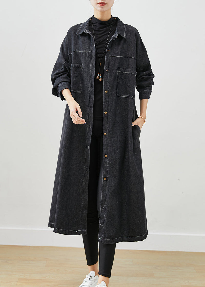 Black Oversized Pockets Cotton Coats Fall