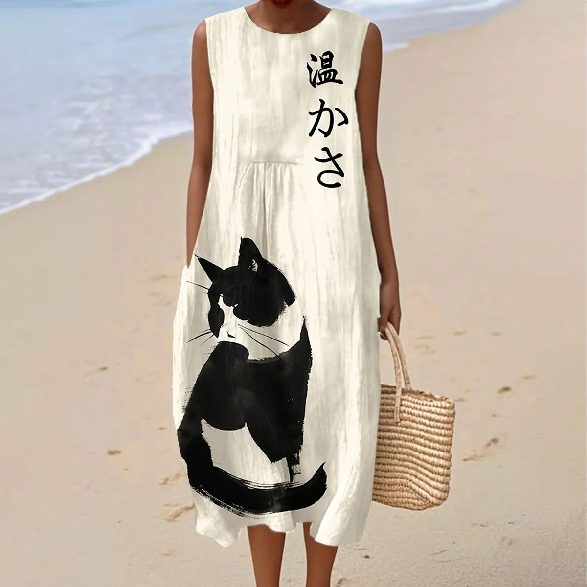 Women's Vintage Cat Art Print Linen Dress artswardrobe