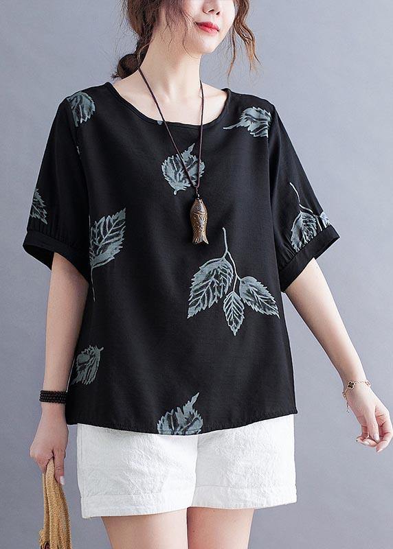 Handmade Black O-neck Loose Summer Cotton Linen Top
