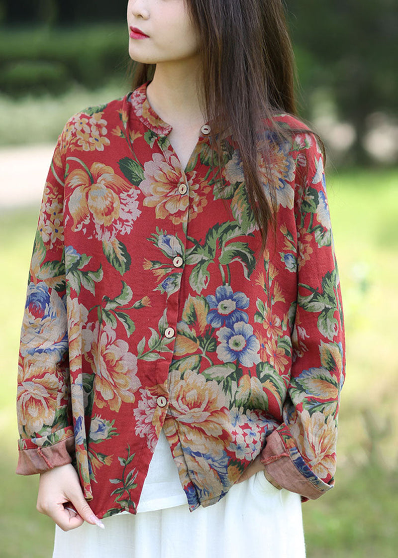 Red Print O-neck Cotton Shirt Top Spring