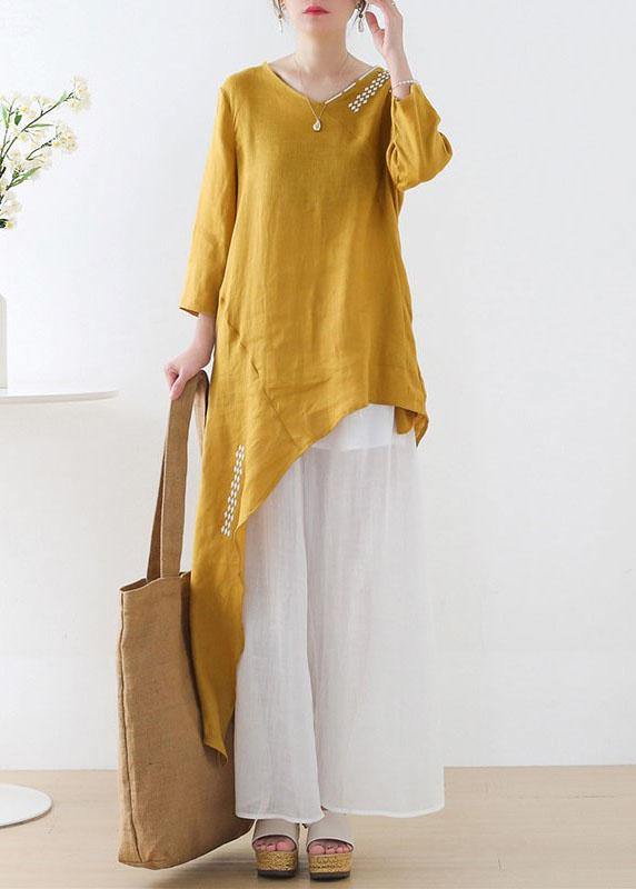 Unique Yellow Asymmetrical Design O-neck Shirts Fall