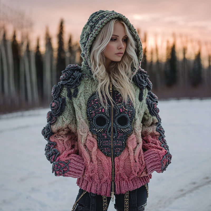 Women's Vintage Celtic Skull Gradient Art Cozy Knitted Hooded Cardigan elevenforest