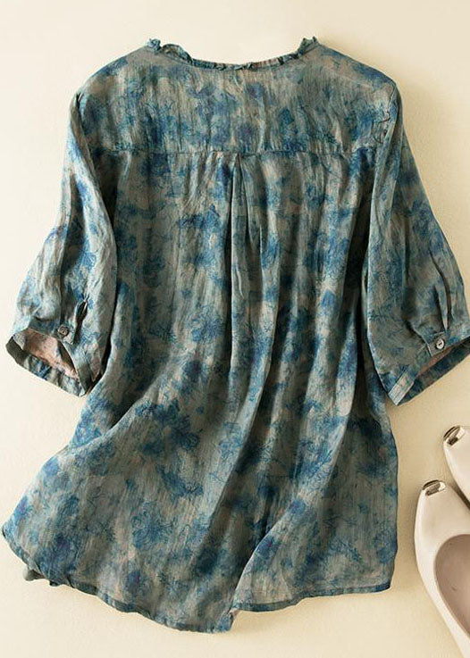 Blue Ruffled Print Patchwork Linen Shirts Top Summer
