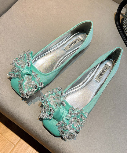 New Splicing Flat Shoes for Green Satin Bow Zircon