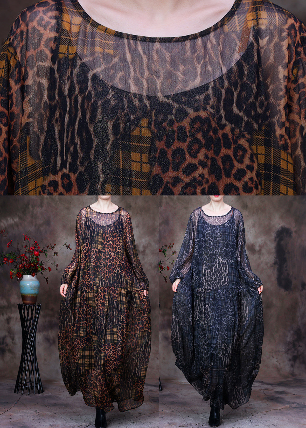Black Chocolate O-neck Print Maxi Dress and Suspenders Two Pieces Set Fall