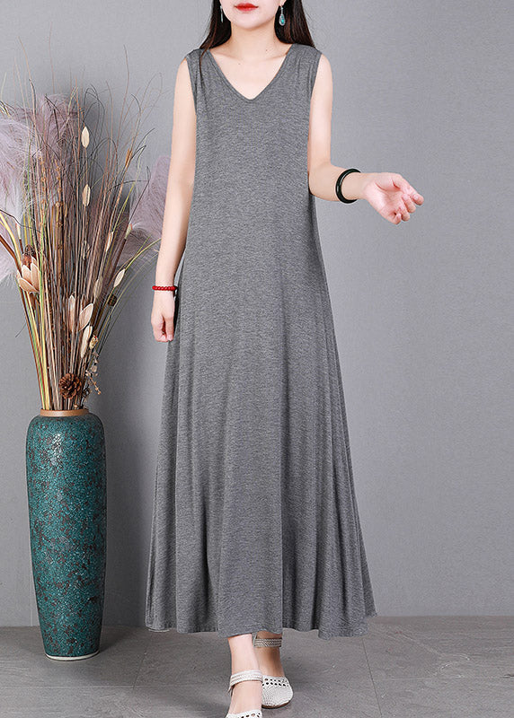 Loose Grey V Neck Cotton Cardigans and Dress Two Pieces Set Summer