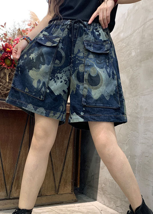Organic Blue Retro Print Pockets Denim Summer Shorts