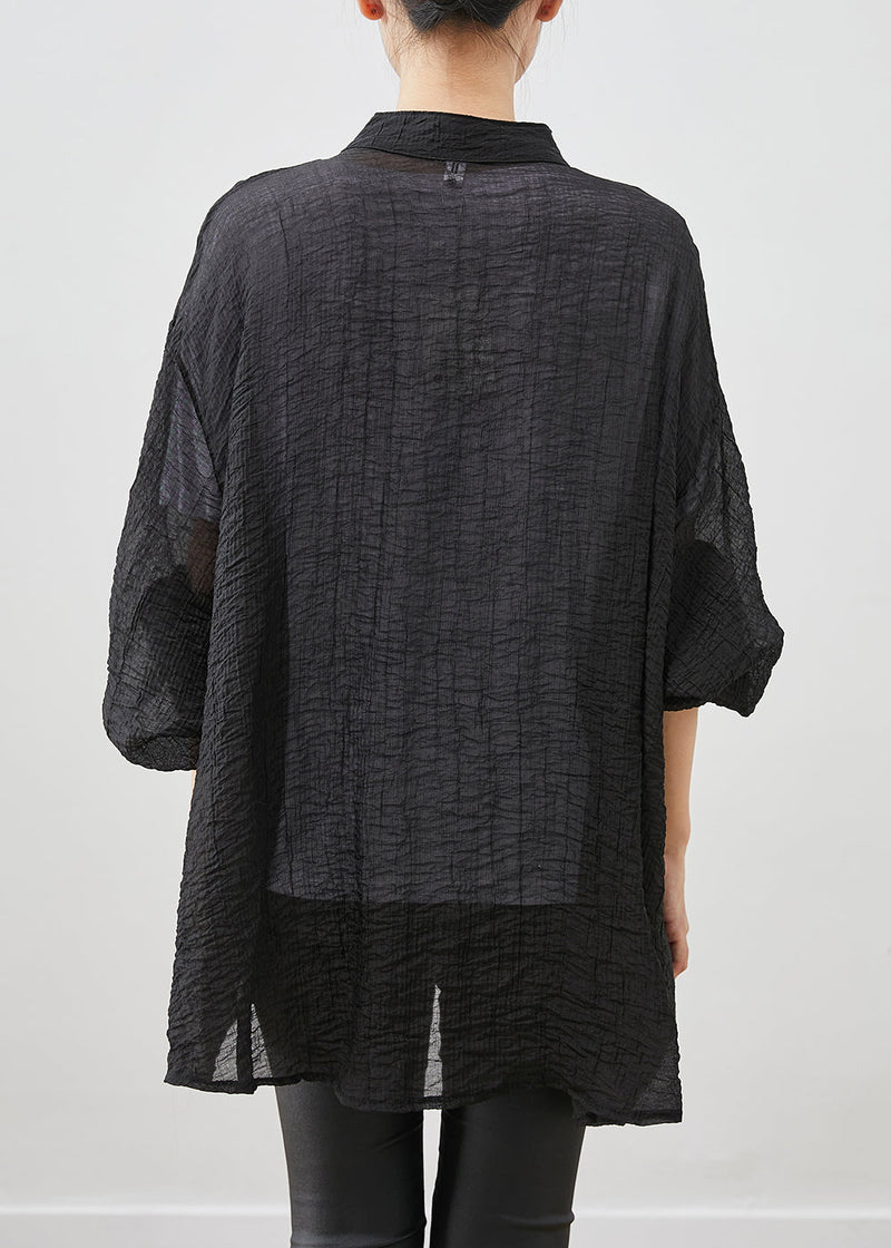 Black Chinese Button Wrinkled Linen Shirt Top Fall