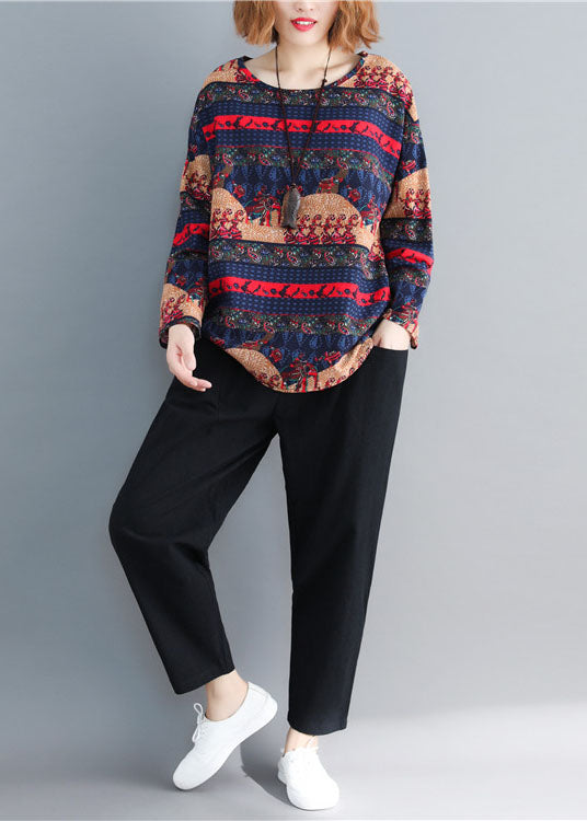 Navy Print Cotton Loose Tops O-neck Long Sleeve