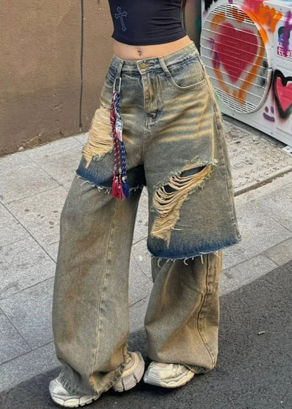 Blue High Waist Fake Two Pieces Hole Denim Pants Fall