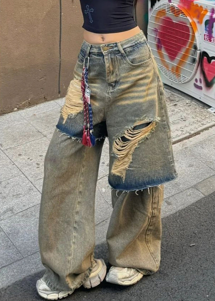 Blue High Waist Fake Two Pieces Hole Denim Pants Fall