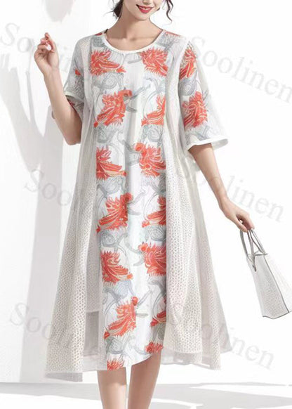 Beige O-neck Print Fake Two Pieces Silk Long Dresses Summer
