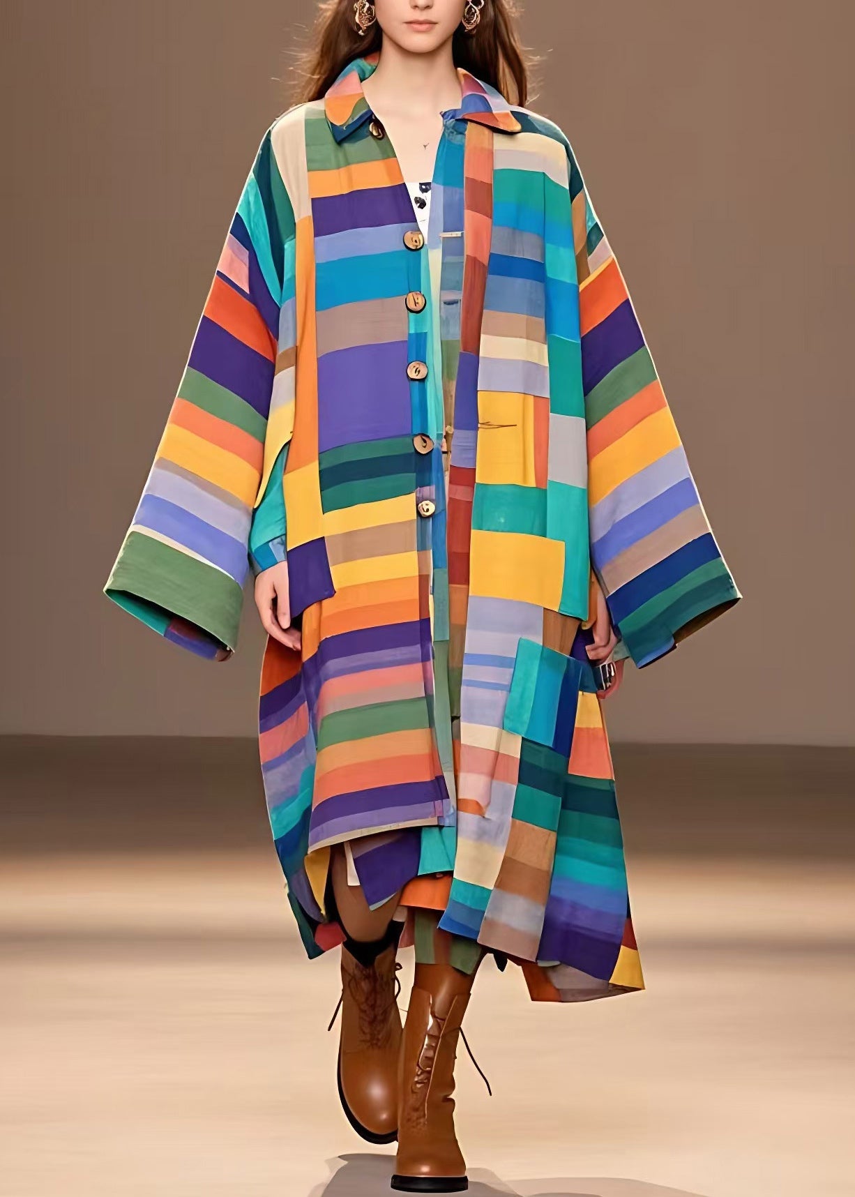 Colorblock Peter Pan Collar Plaid Woolen Long Coat Long Sleeve