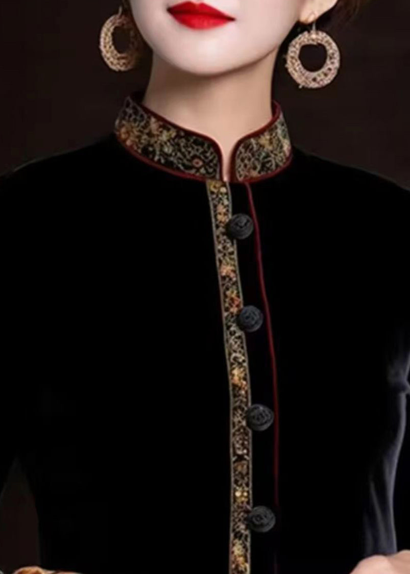 Black Embroideried Button Silk Coats Long Sleeve