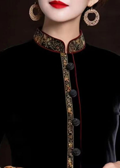 Black Embroideried Button Silk Coats Long Sleeve