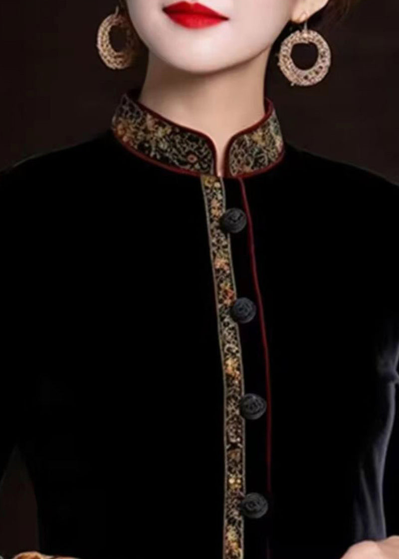Black Embroideried Button Silk Coats Long Sleeve