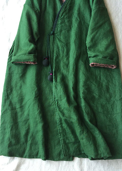 Green V Neck Button Cotton Filled Parka Long Coats Winter