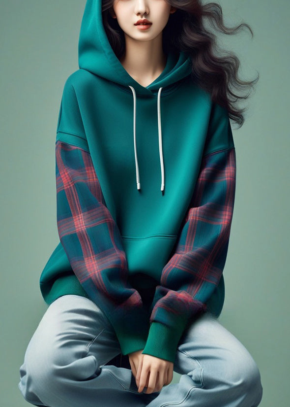 Blue Hooded Plaid Patchwork Cotton Sweatshirts Fall