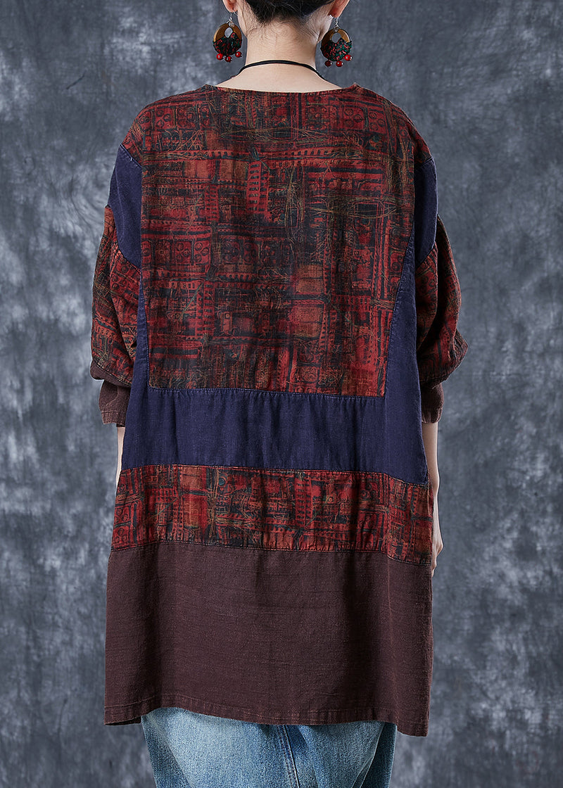 Colorblock Oversized Patchwork Linen Blouses Fall