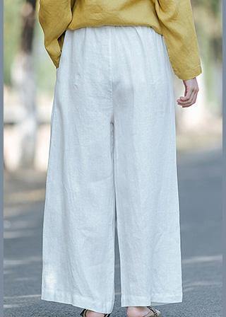 Literature White Loose Straight Elastic Waist Lace Up Wide Leg Pants