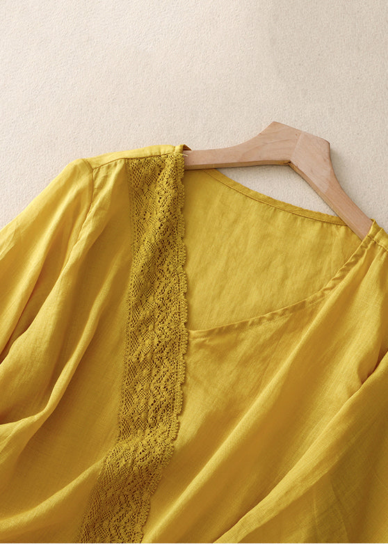 Yellow Asymmetrical Lace Patchwork Linen Shirts Summer