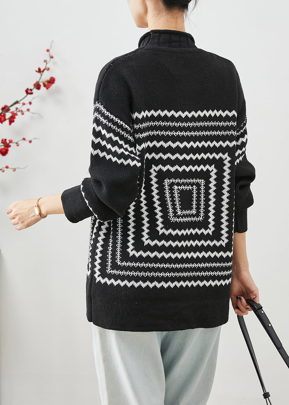 Black Oversized Print Knit Sweaters Winter