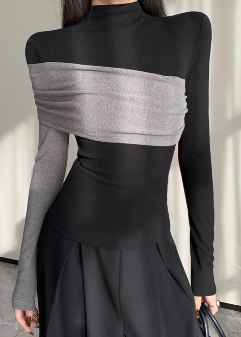 Black Asymmetrical Patchwork Cotton Shirt Spring
