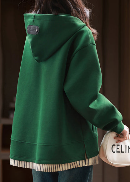Green Zip Up Patchwork Hooded Cotton Pullover Fall