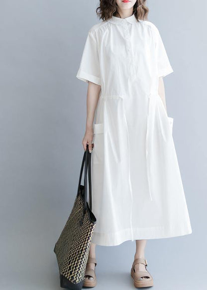 100% White Cotton Tunic Drawstring Long Summer Dress