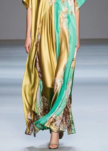 Golden Asymmetrical Design Print Silk Long Dress Summer