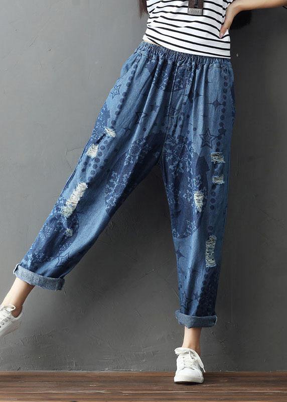 Blue Pockets Print Hole Fall Cotton Pants
