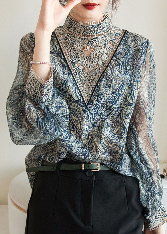Blue Embroidered Print Chiffon Shirt Lantern Sleeve