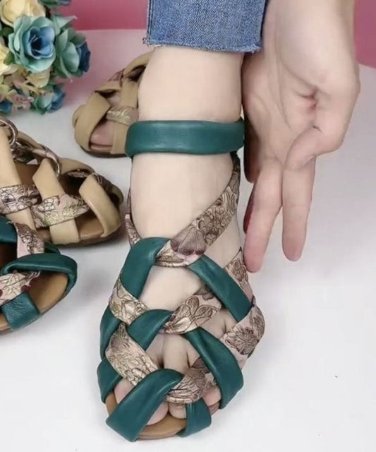 Hollow Out Splicing Chunky Sandals Green Genuine Leather Print