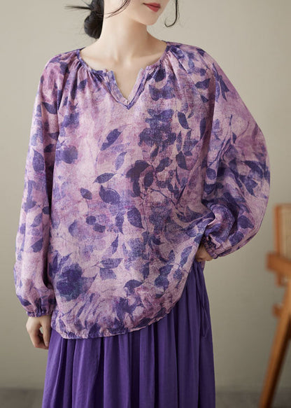 Purple Print Wrinkled Patchwork Linen Tops Long Sleeve
