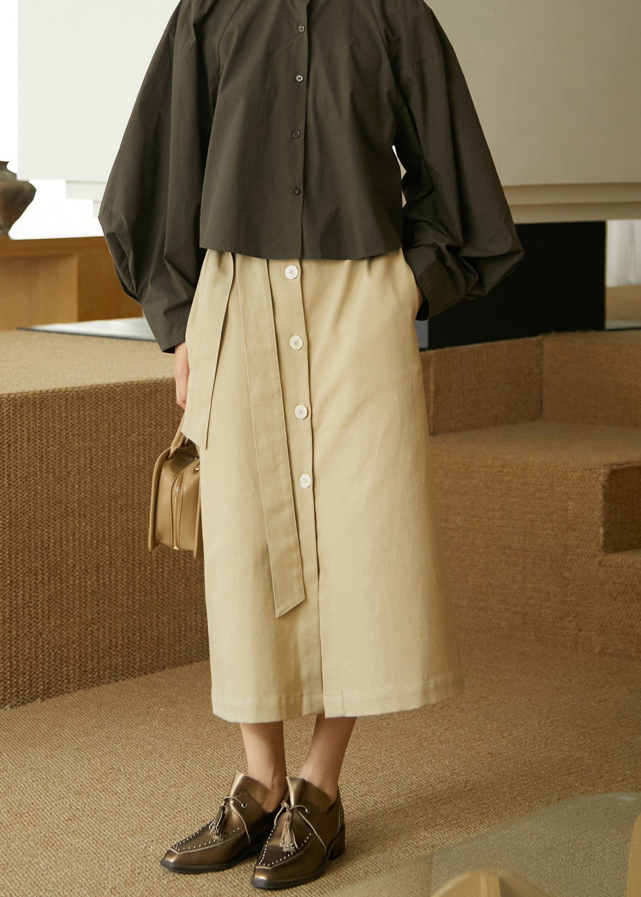 Italian Khaki Pockets Lace Up Button Cotton Skirts Summer