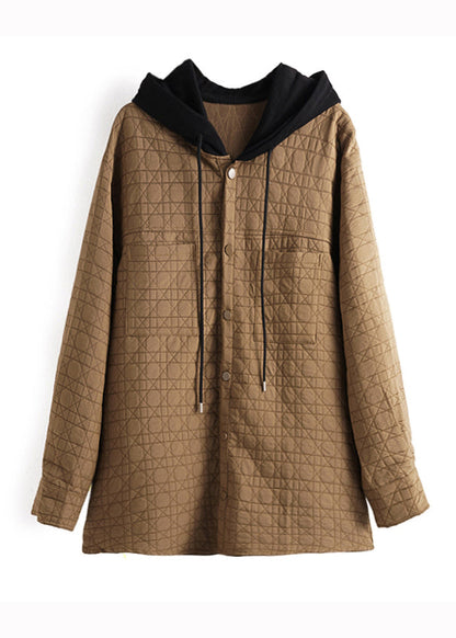 Khaki Hooded Pockets Patchwork Fine Cotton Filled Coats Winter