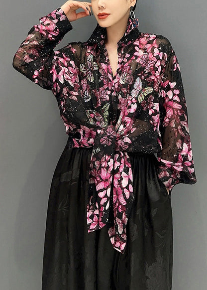 Black Base Butterfly Chiffon Shirt Tops Fall