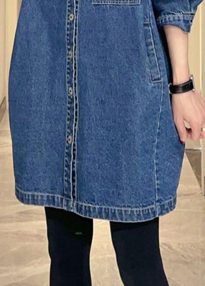 Denim Blue Pockets Patchwork Button Coat Fall