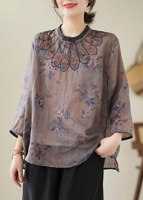 Dark Purple Embroideried Print Linen Tops Spring