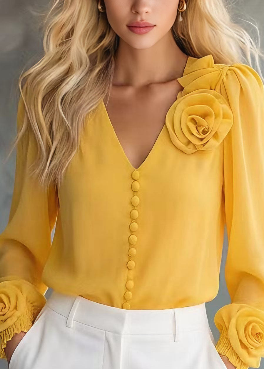 Unique Yellow V Neck Chiffon Shirt Tops Spring