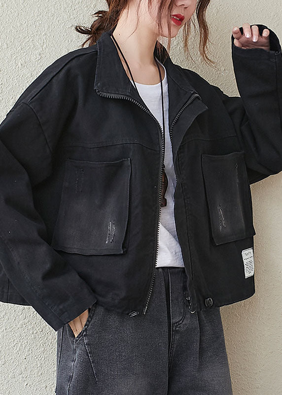 Black Pockets Zippered Drawstring Fall Denim Long Sleeve Coat