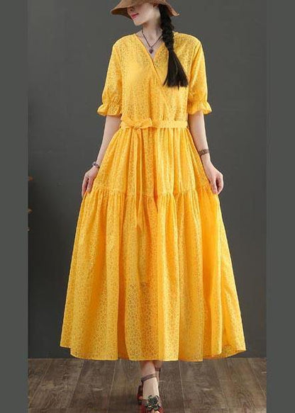 Yellow Short Sleeve a Line Summer Cotton Dress