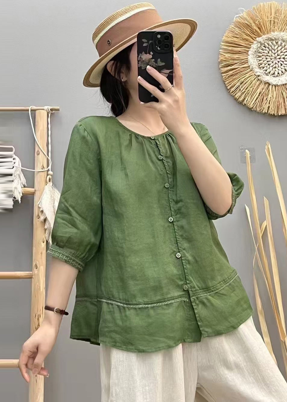 Beige O-neck Patchwork Cotton Shirt Top Summer