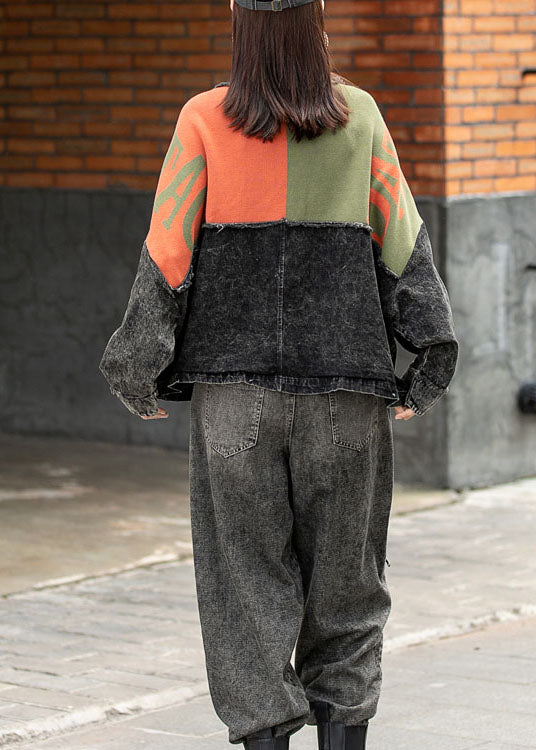 Denim Bat Wing Sleeve Patchwork Knit Button Pockets Fall Coat