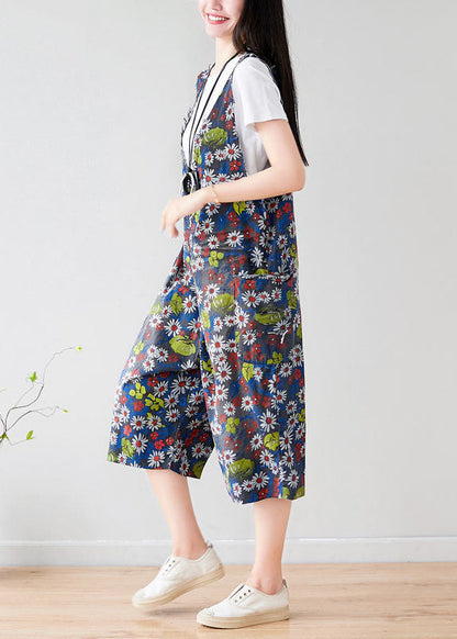 Dark Grey V Neck Print Pockets Cotton Overalls Jumpsuit Summer