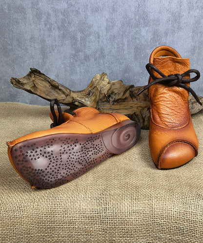 Brown Cowhide Leather Ankle Boots Lace Up Soft Splicing
