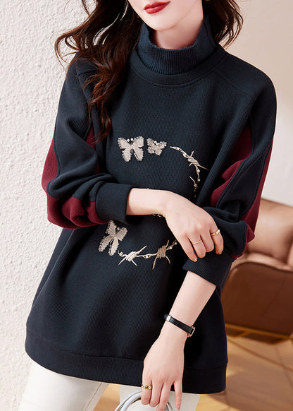 Navy Embroideried Patchwork Warm Fleece Sweatshirt Winter