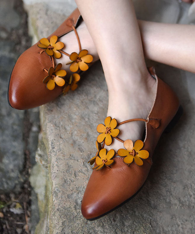Brown Flat Shoes for Cowhide Leather Splicing Pointed Toe
